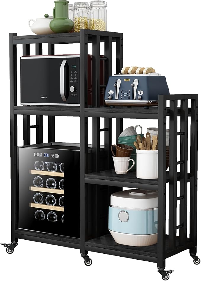 6-Tier Kitchen Bakers Rack, Multifunctional Storage Shelf, Mini Fridge & Microwave Oven Stand Table, Coffee Bar, Adjustable Kitchen Shelves Freestadning (Charcoal Black Wood Grain Print with wheels)