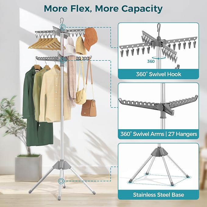 KINGBOARD Clothes Drying Rack, 72-Inch 2-Tier Stainless Steel, 27 Hanger Holes - Image 5