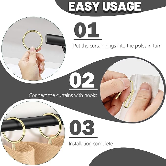 60Pcs 32mm Internal Diameter Curtain Rings and Curtain Drapery Pin Hooks | Gold - Image 3