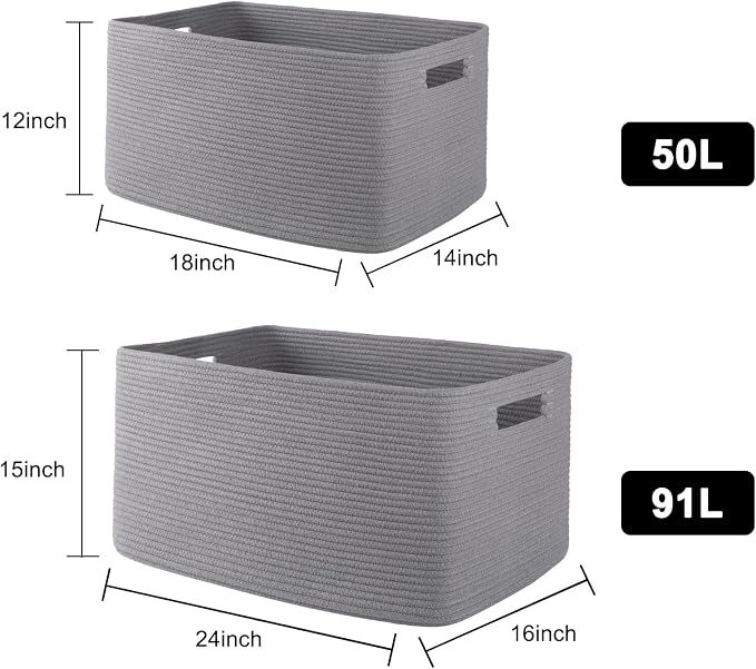 OIAHOMY 96L XXXLarge Blanket Basket Woven Cotton Rope Storage Basket Grey - Image 3