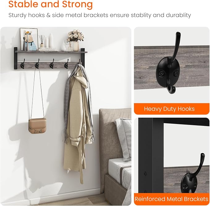 Wall Hooks With Shelf, 24 Inch Coat Rack Wall Mount - Image 4