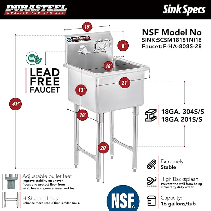DuraSteel 304 Commercial Stainless Steel Utility Sink - 18 Inch Tub Freestanding Prep Kitchen Sink w/ Faucet - NSF Hand Wash Station for Kitchen Sinks, Outdoor, Laundry Room, Garage Small Kitchenette