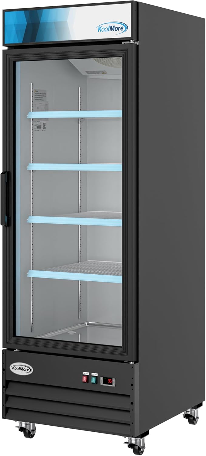KoolMore MDR-1GD-23C Commercial Glass 1 Door Display Refrigerator Merchandiser - Upright Beverage Cooler with LED Lighting - 23 Cu. Ft., Black