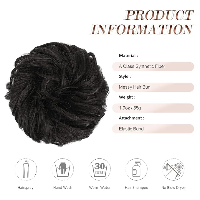 FESHFEN Large Messy Bun Hair Piece - Wavy Synthetic Chignon Scrunchies Elastic Ponytail Hair Extensions Thick Hairpieces for Women, Black Brown 1.94oz