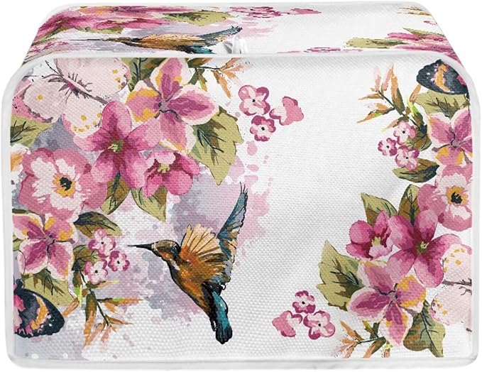 Hummingbird Flower Print Toaster 4 Slice Cover Stain Resistant Bread Maker Cover Dust Fingerprint Protection Kitchen Home Decor