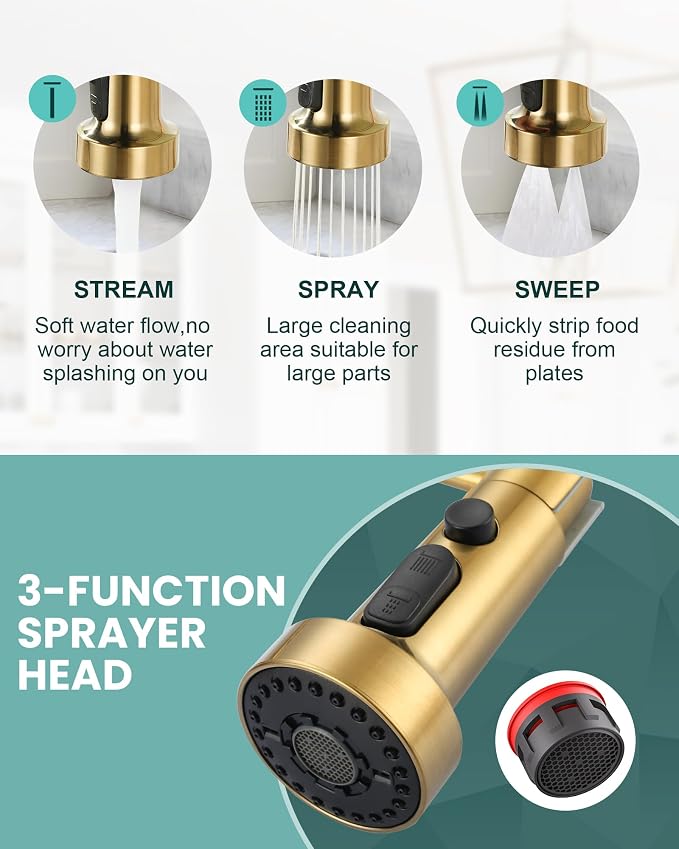 Kitchen Faucets with Pull Down Sprayer: Brushed Gold 3-Function Kitchen Sink - Image 6
