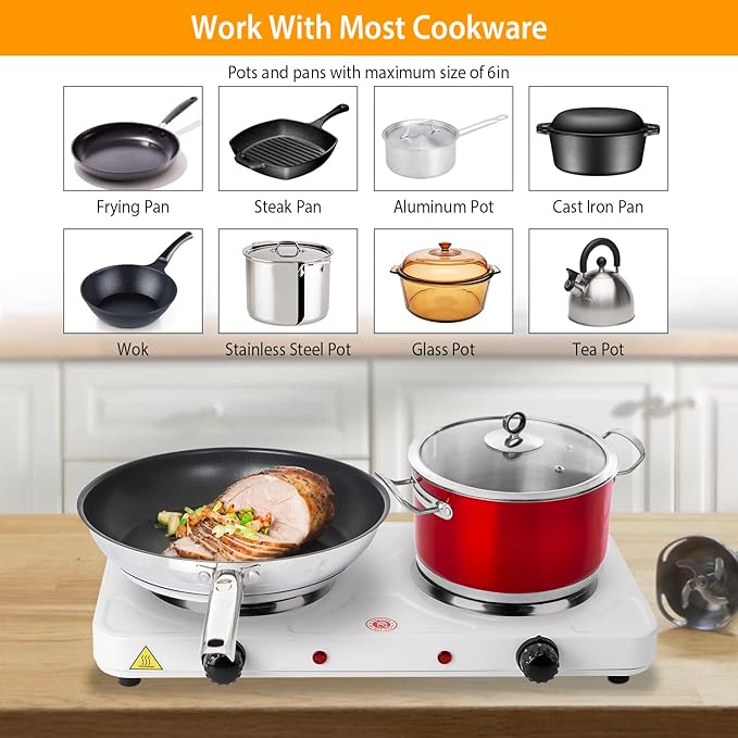 2000W Electric Double Hot Plate Portable Countertop Burner Dual Counter Stove Kitchen Cooktop with 5 Gear Temperature Control for Home RV Camp