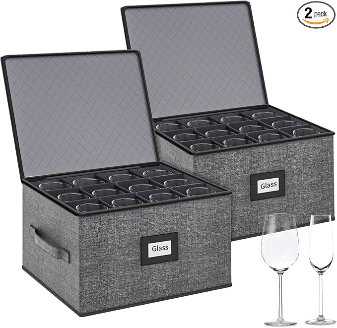 Aokeyee 2-Pack Wine Glass Storage Box with Dividers, Hard Shell Stemware Case Holds 24 Crystal Glasses & Drinkware, for Moving & Protection, Grey