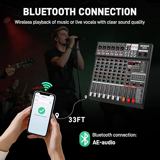 Audio Mixer 8 Channel Professional Sound Console Music Mixer with 320 DSP Effects, 7-band EQ DJ Mixing Board w/USB, Bluetooth, 48V Power Supply, PAD Button for Recording Karaoke PA Drum Live