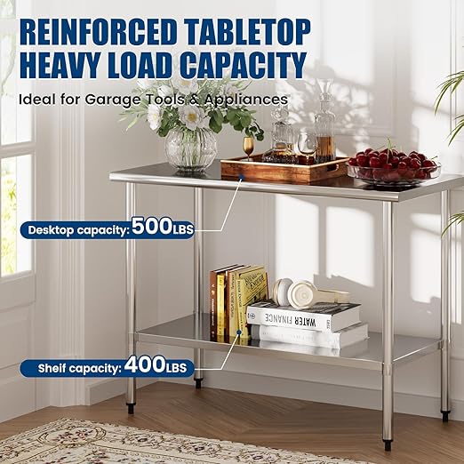 Stainless Steel Table 24 x 60 Inches Metal Food Prep Worktable with Adjustable Undershelf for Kitchen, Outdoor, Restaurant, Bar & Garage