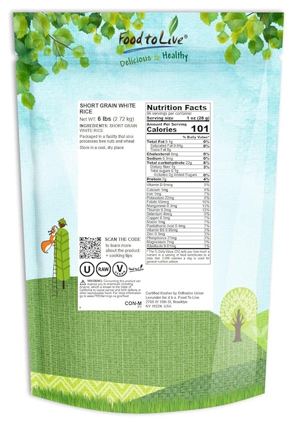 Food to Live Short-Grain White Rice, 6 Pounds – Premium Japanese Style Short-Grain, Perfectly Sticky, Vegan, Kosher rice. Easy to Cook. Great as a Side Dish. Great for Sushi, Rice Salads, and Desserts