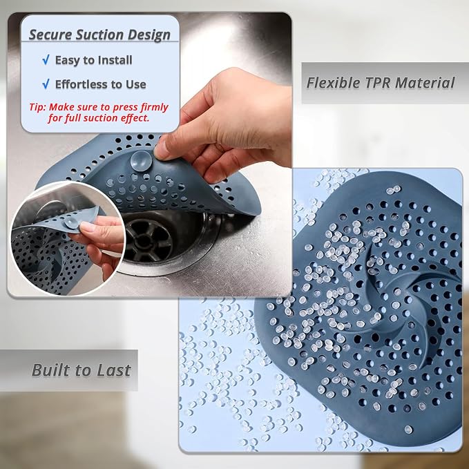 5.9" Square Drain Cover with Suction Cups, Hair Catcher, 4 Pack | - Image 3