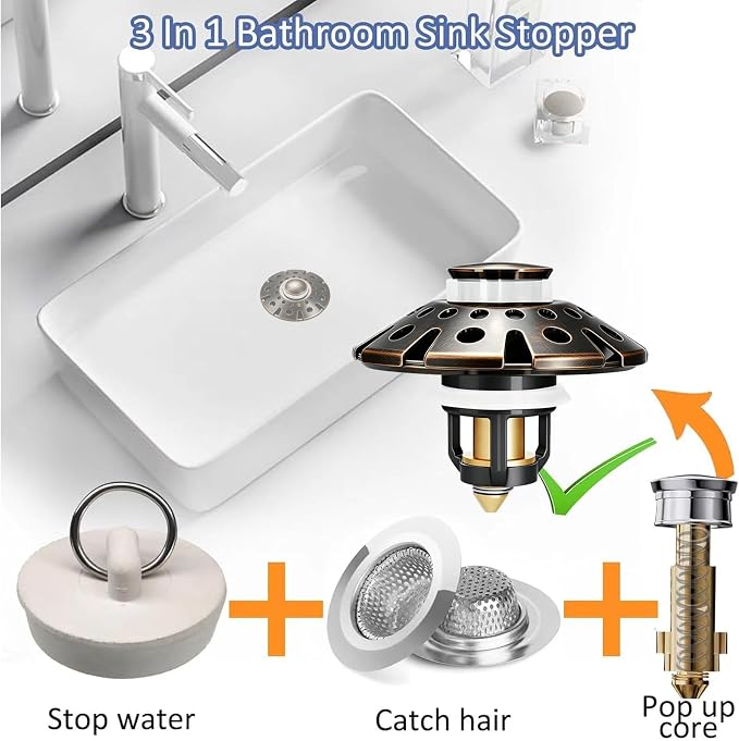 AzWzz Bathroom Sink Drain Strainer, 3 in 1 Pop Up Bathroom Sink Stopper | - Image 4
