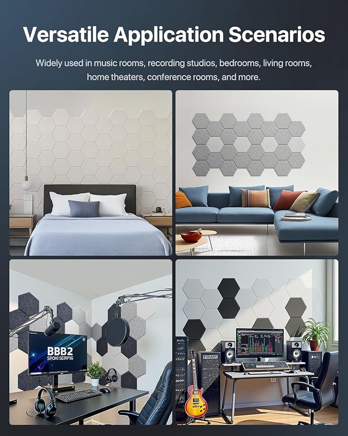 Soundsbay Acoustic Panels, 12 Pack Hexagon Soundproof Wall Panels High Density Sound Absorbing Panel, Sound Proof Foam Panels for Walls, Office, Reccording Studio, Ceiling 12" X 10" X 0.4" Black