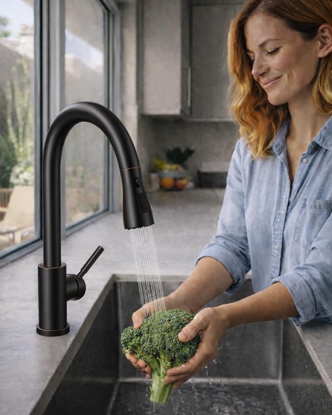 WEWE Pull-Down Kitchen Faucet, 3-Mode Sprayer, Oil Rubbed Bronze, High Arc | - Image 10