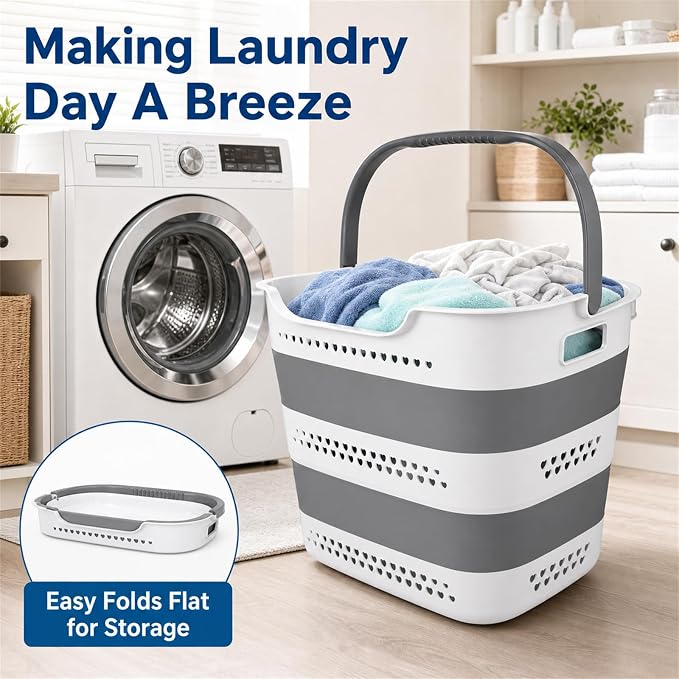 2 Pack Collapsible Plastic Laundry Basket - 42L Foldable Pop Up Clothes Hamper - Image 9