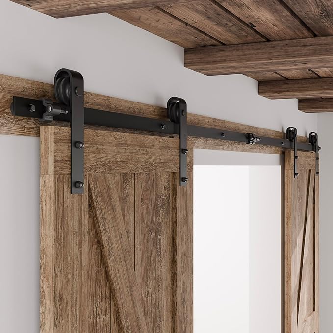 CCJH 16FT Sliding Barn Door Hardware Kit, Heavy Duty, Smoothly and Quietly, Easy to Install, Fit 48" Width Double Door Panel, Basic Style Hangers Black