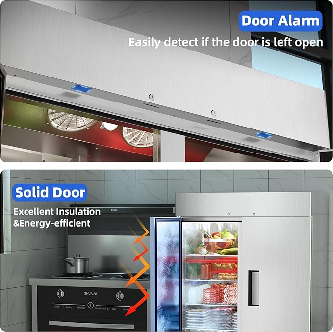 Coolski 54’’ Wide Commercial Refrigerator with 8 Shelves, Stainless Steel Reach-in Refrigerators with 49 Cu.Ft. Capacity 2 Solid Doors for Restaurant Cafe Garage, ETL NSF Approved
