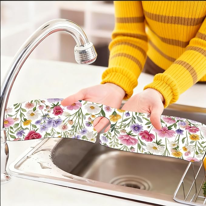 2 Pcs Kitchen Sink Splash Guard Faucet Mat Colorful Watercolor Flowers and - Image 6
