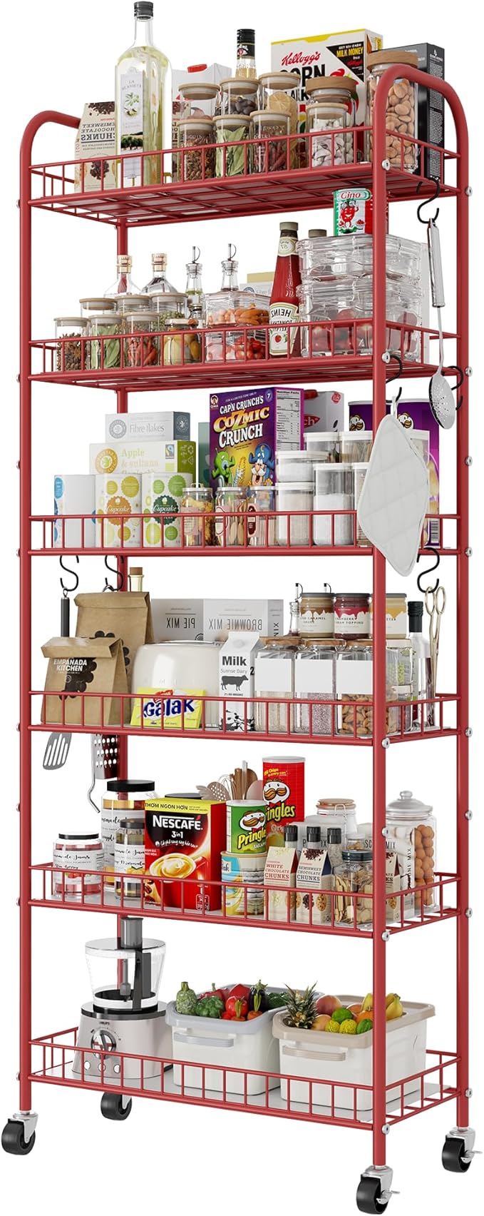 Slim Rolling Storage Cart, 6 Tier Metal Kitchen Rolling Utility Cart with Lockable Wheels for Kitchen, Bathroom, Laundry Room, Small Narrow Spaces (Red 10 Inches)