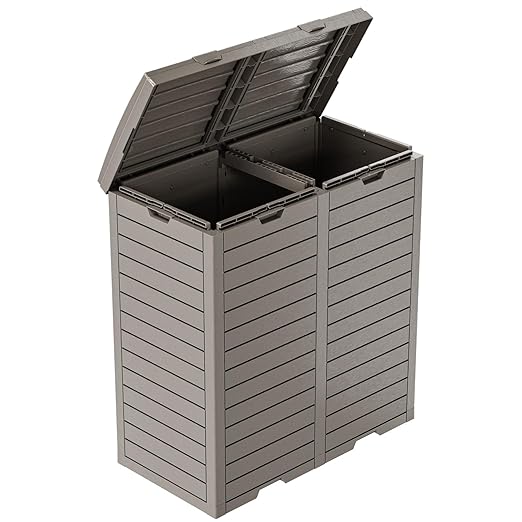 Outdoor Trash Can with Lid, Outdoor Trash Bin & Pull-Out Liquid Drawer, Dual Lid Closure Design, Waterproof Resin Garbage Can Container for Patio, Backyard, Deck (Grey, 76 Gallon)