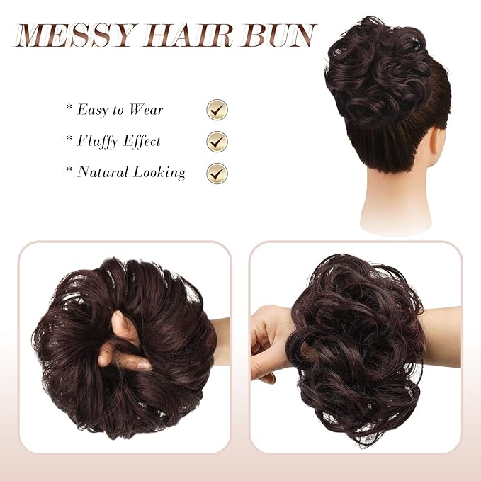 FESHFEN Large Messy Bun Hair Piece - Wavy Synthetic Chignon Scrunchies Elastic Ponytail Hair Extensions Thick Hairpieces for Women, Black Cherry 1.94oz