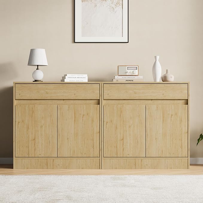 Buffet Cabinet with 2 Doors and Drawer, Coffee Bar Cabinet with Adjustable Shelf, Modern Kitchen Buffet Sideboard for Living Room, Kitchen, Natural