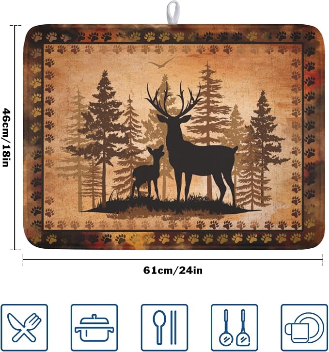 Giwawa Forest Deer Dish Drying Mat Wildlife Animal Dishes Pad 18"x24" - Image 2