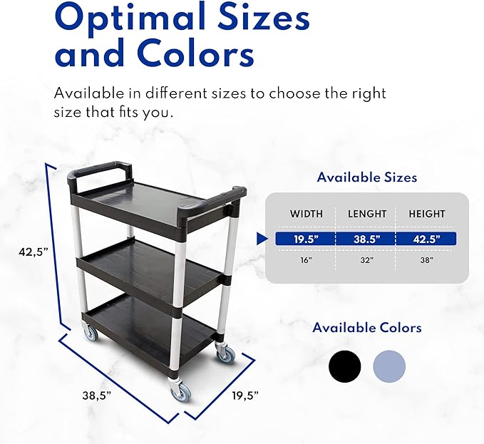 New Star Foodservice 54538 250-Pound Plastic 3-Tier Utility Bus Cart with Locking Casters, 32" x 16" x 38", Black