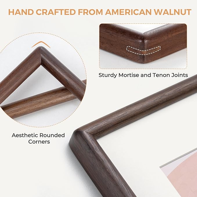 Axeman 18 x 24 Walnut Frame Set of 2 - Rounded Corner 18x24 Picture Frame Matted to 16x20 - Natural Walnut Wood Poster Frame with Tempered Glass for Wall Mount Display
