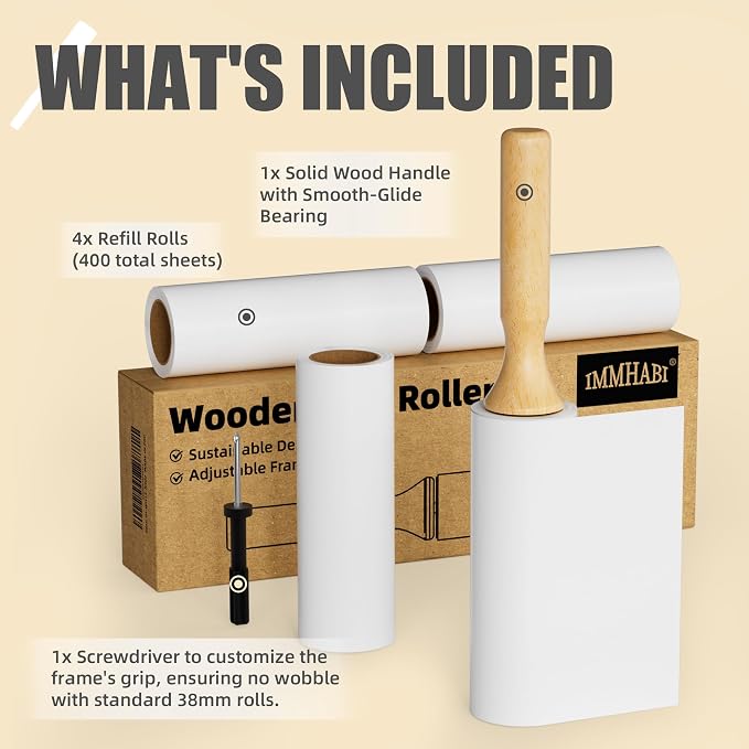 Flat Tear Lint Roller with Wooden Handle- 6.3 Inch Refills, 4 Rolls x 90 Sheets - Image 2