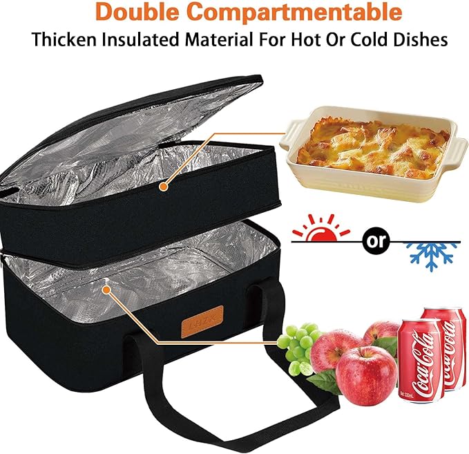 LHZK Double Insulated Casserole Carrier, Expandable Casserole Carriers for Hot or Cold Food, Insulated Food Carrier for Travel, Parties, Picnic, Fits 11 x 15 or 9 x 13 Baking Dish (Black)