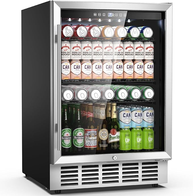 24 Inch Beverage Refrigerator, 190 Cans Built-in/Freestanding Beverage Cooler, Digital Memory Under Counter Beer Fridge with Glass Door, Safety Locks, Removeable Racks (Glass Door)