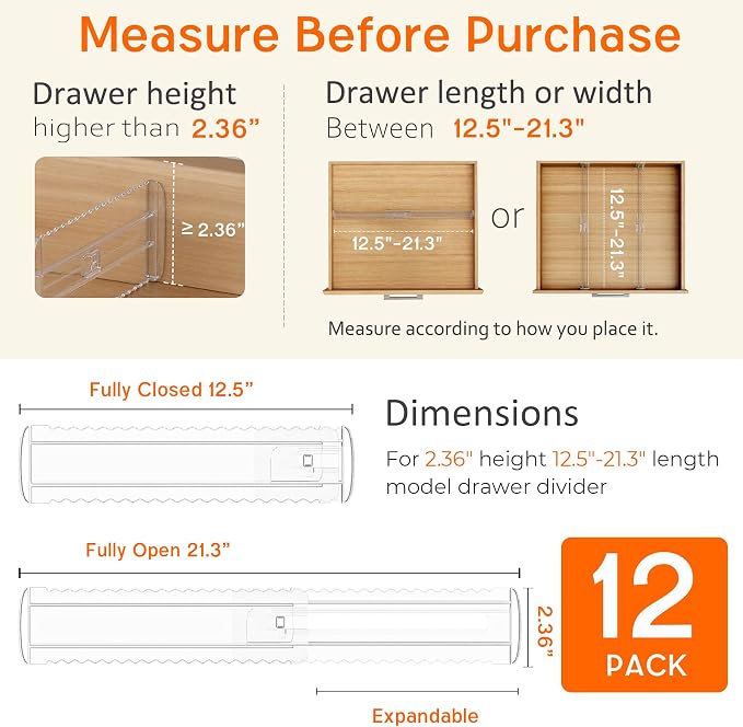 12 Pack 2.36" High Shallow Drawer Dividers, 12.5"-21.3" Expandable | Adjustable - Image 2