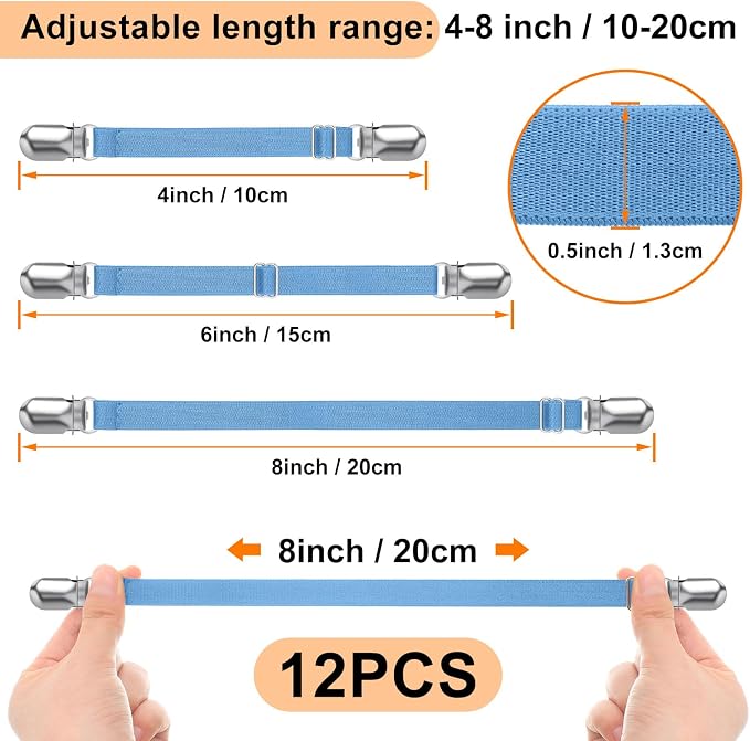 Boao 12 Pcs Bedsheet Strap Elastic Clip, Sky Blue, 8-12 Inch Length | Sturdy - Image 2