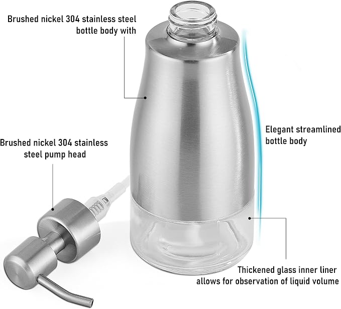 Stainless Steel Dish Soap Dispenser, 11oz/320ml Silver | Rust-Resistant Brushed - Image 2