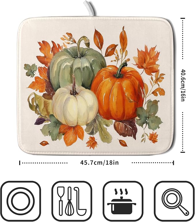 Giwawa Fall Pumpkin Dish Drying Mat Autumn Leaves Absorbent Dishes Pad 16x18 - Image 2