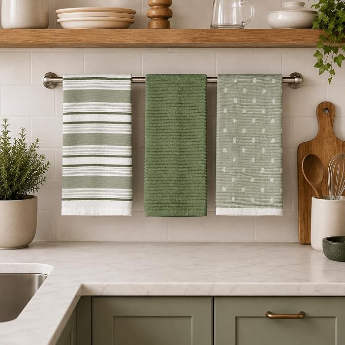 Sage Green Striped Kitchen Hand Dish Towels, 100% Cotton - Image 3