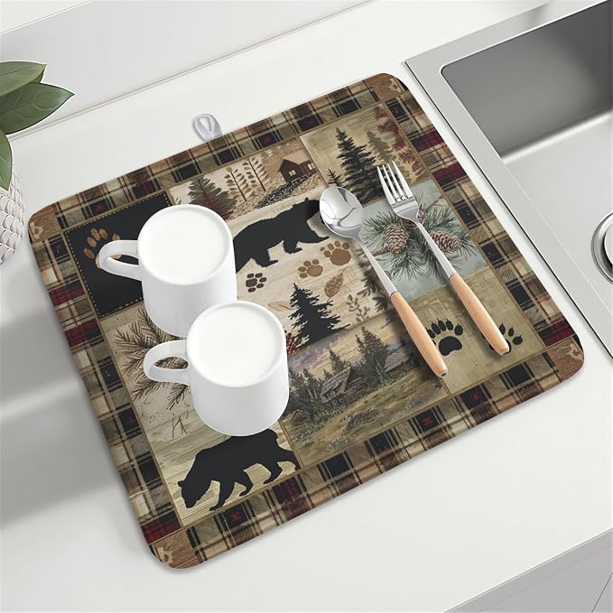 Giwawa Black Bear Dish Drying Mat Forest Cabin Decorative Dishes Pad 16x18 Inch - Image 8