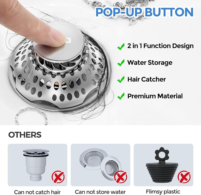 zaa 2 in 1 Bathtub Drain Stopper & Hair Catcher Pop-Up Plug | Upgraded Silver - Image 5