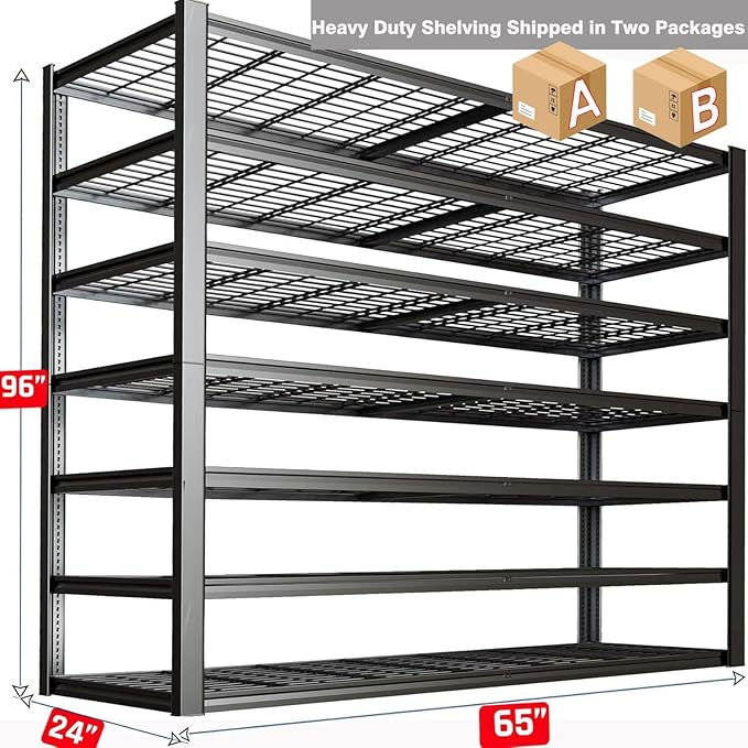 65" W Garage Shelving Heavy Duty, 7 Tier Garage Shelves, 65" W x 96" H x 24" D Adjustable Storage Shelving Unit, Commercial Metal Shelves for Warehouse, Basement,2 Pack