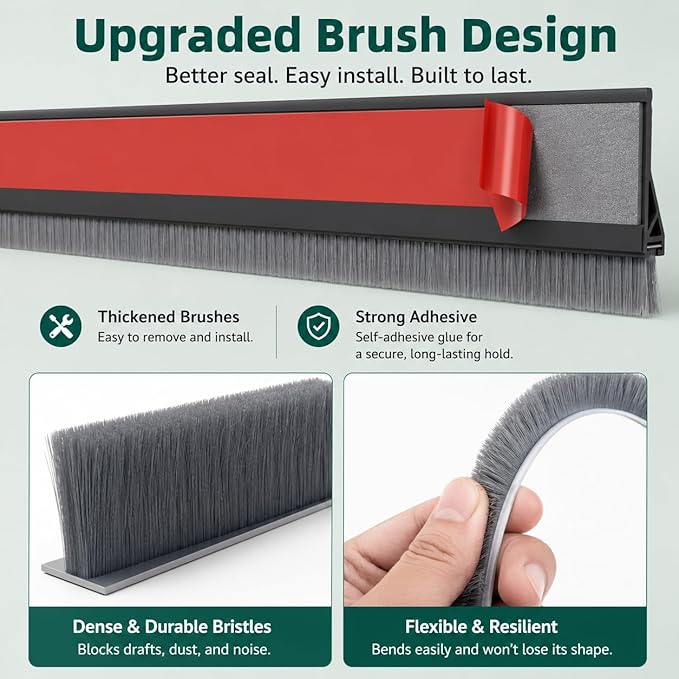 Door Draft Stopper with Brush, 1 Pack | Self Adhesive Weather Stripping - Image 5