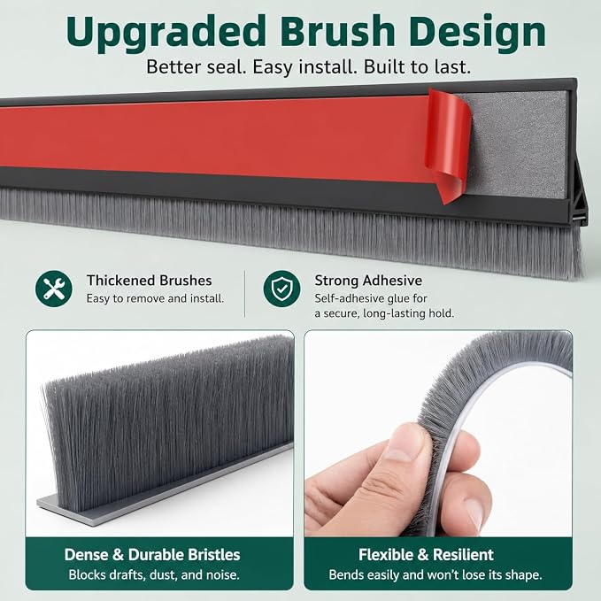 Door Draft Stopper with Brush, 2 Pack | Self Adhesive Weather Stripping - Image 5