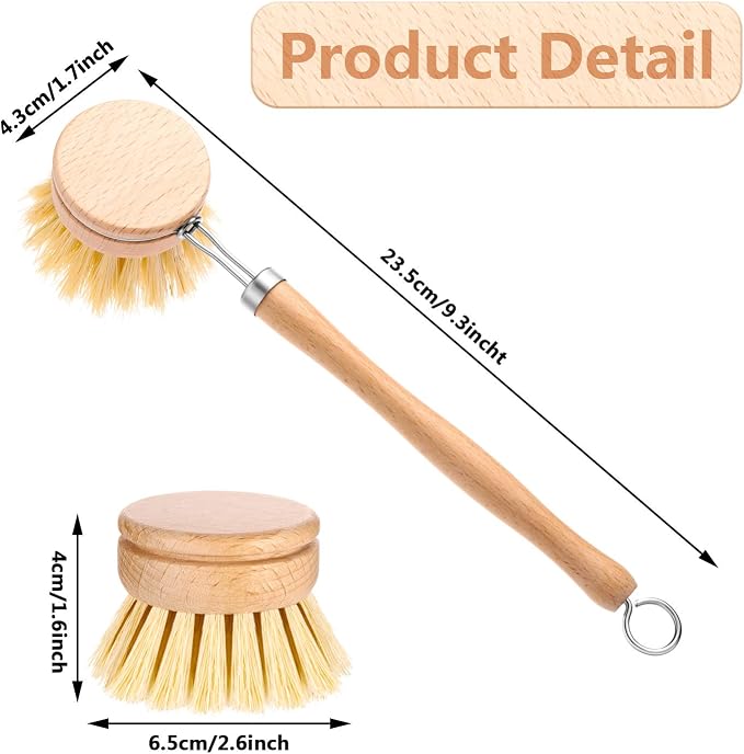 Boao 3 Pack Dish Brush with Beechwood Handle with Replacement Heads Natural - Image 2