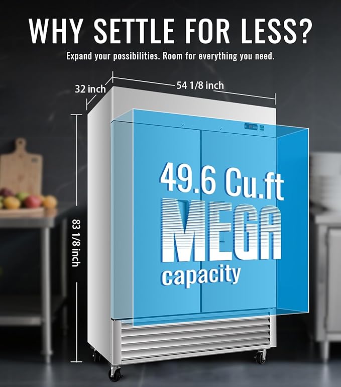 54" W Commercial Freezer, ETL Certified 49.6 Cu.ft Stainless Steel Reach-in Upright Freezer,Auto Defrost,Digital Temperature Control (-10°F to 10°F) Used to Restaurant,Bar,Shop