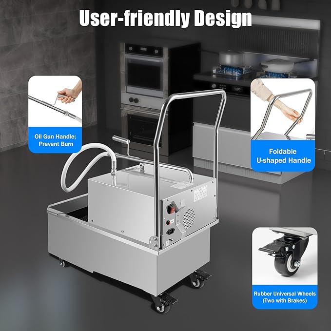 Commercial Mobile Fryer Filter Machine, 55L/14.53Gal High-Capacity 550W 110V Powerful 201 Stainless Steel Durable Oil Filtration System for Restaurant, Supermarket, Commercial Kitchen