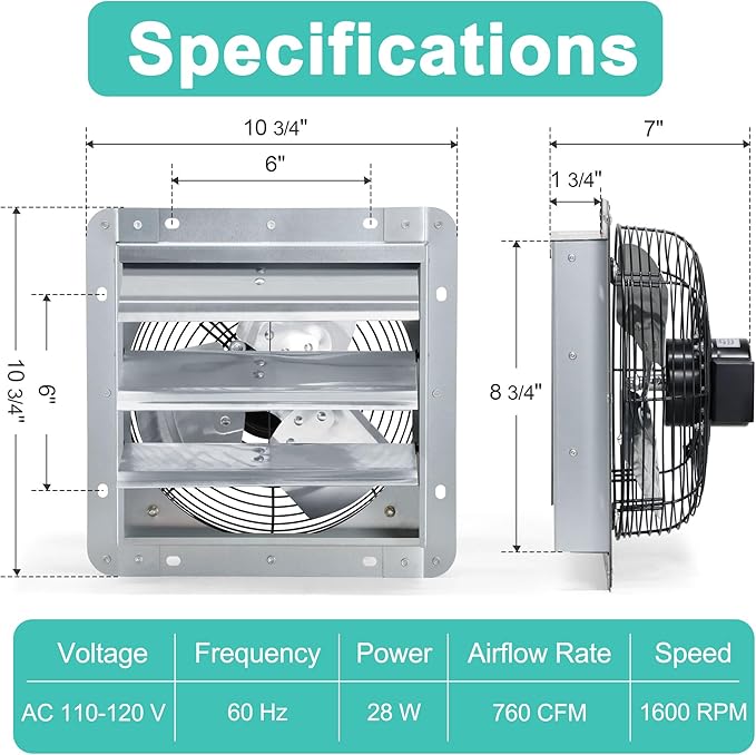 7 Inch Shutter Exhaust Fan with Speed Controller and Power Cord, Wall Mount Attic Fan for Greenhouses, Sheds, Garages, Chicken Coops, Barns Ventilation, 760 CFM