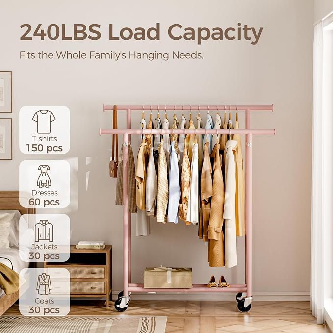 HYSEYY Clothes Rack, Double Rods Rolling Clothing Rack - Image 2