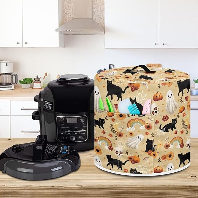 Halloween Theme Kitchen Appliance Protector Cover Bag 3 Quart Pressure Cooker/Air Fryer/Rice Cooker Dust Cover with Top Handle and Storage Pocket Black Cat Ghost Print