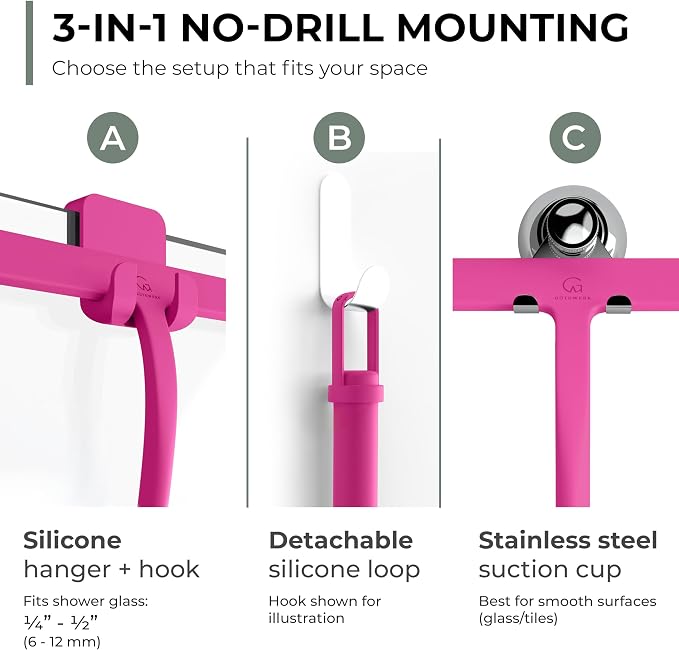 Silicone Shower Squeegee with 3-in-1 No-Drill Mount, Streak-Free & No-Squeak - Image 3